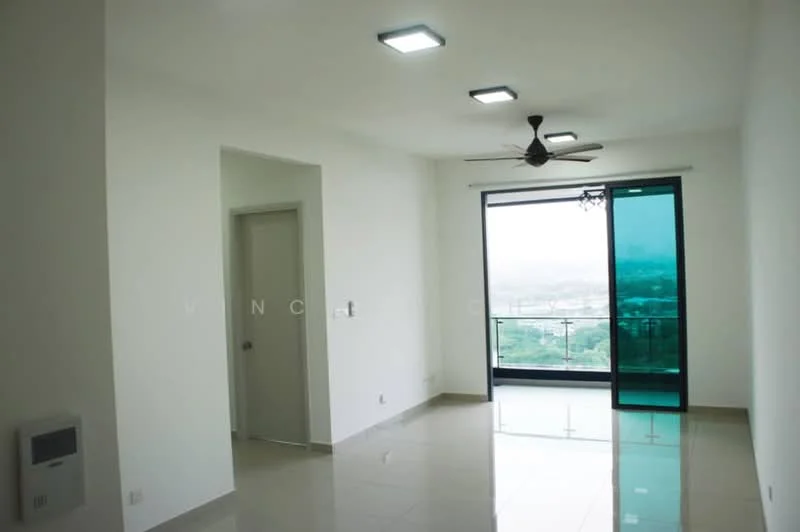 Living features: white painted walls, glossy ceramic tile flooring, 5-blade ceiling fan with light, sliding glass door, floor-to-ceiling windows, balcony access, recessed LED downlights, neutral color scheme; style: modern; view: city.