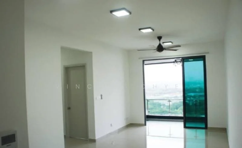 Living features: white painted walls, glossy tile flooring, 5-blade ceiling fan with light, sliding glass door, floor-to-ceiling windows, balcony access, natural light from windows, curtain rod; style: modern; view: city.
