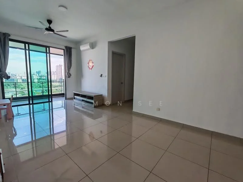 Living features: large floor-to-ceiling windows, sliding glass door, grey curtains, white painted walls, glossy ceramic tile flooring, ceiling fan, wall-mounted air conditioning unit, TV console, decorative wall clock; style: modern; view: city.