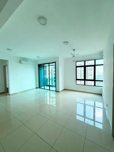 Living features: white painted walls, glossy ceramic tile flooring, 5-blade ceiling fan with light, recessed downlights, floor-to-ceiling windows, sliding glass door, air conditioning unit, natural light from windows; style: modern; view: city.