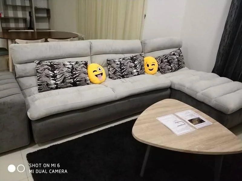 Living features: L-shape sectional sofa in grey fabric, decorative cushions with emoji designs, coffee table with wooden surface, area rug in black, light-colored walls, curtains in light fabric, flooring in light tiles, wall-mounted shelving unit in background; style: modern.
