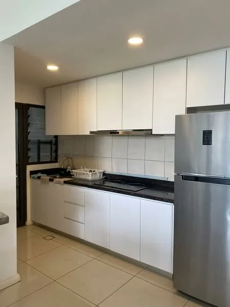Kitchen features: white shaker cabinets, black granite countertop, stainless-steel fridge, built-in oven, 4-burner gas hob, single-bowl stainless-steel sink, chrome pull-down faucet, ceramic tile flooring, recessed LED downlights, wall-mounted cabinets, tile backsplash, open shelving, window with security grille; style: modern.