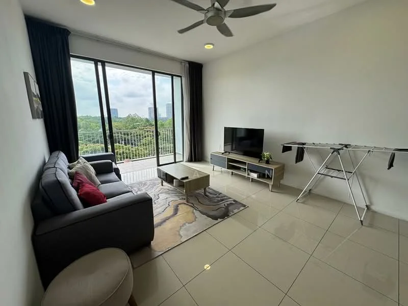 Living features: 3-seater fabric sofa in grey, coffee table, wall-mounted TV, TV console, area rug with abstract pattern, floor-to-ceiling windows, sliding glass door, curtains, ceiling fan with light, marble tile flooring, decorative wall art, indoor plants; style: modern; view: garden.