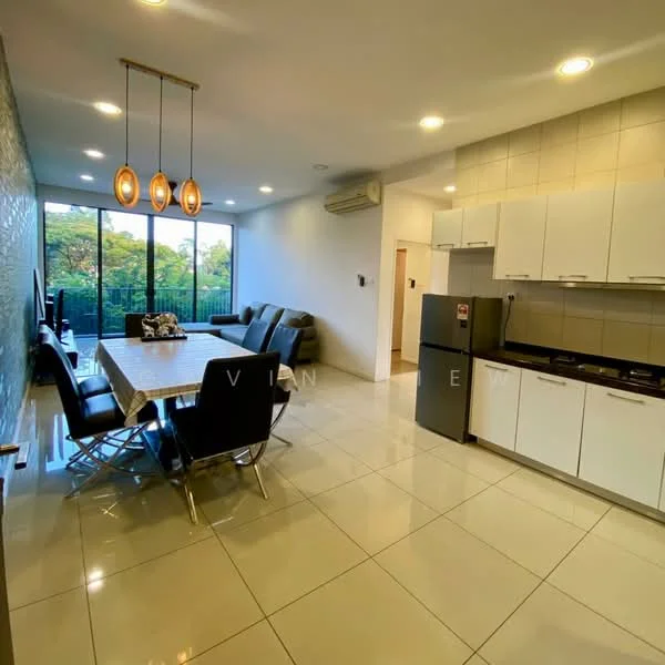 Living features: dining table with 6 black chairs, white rectangular tablecloth, 3-seater grey fabric sofa, floor-to-ceiling windows, sliding glass door, white kitchen cabinets, black countertop, stainless-steel fridge, built-in gas stove, recessed downlights, cream tiled flooring, air conditioning unit; style: modern; view: garden.