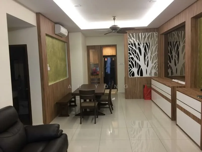 Living features: white painted walls, wood paneling, recessed ceiling lights, 5-blade ceiling fan, large windows, glossy tile flooring, dining table with 4 chairs, TV console, decorative wall with tree pattern, black leather sofa; style: modern.