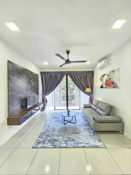 Living features: grey fabric sofa, round coffee table with black metal base, wall-mounted TV, wooden TV console, grey area rug with abstract pattern, floor-to-ceiling sliding glass door, sheer curtains, ceiling fan with light, recessed LED downlights, decorative wall art, white painted walls, glossy tile flooring; style: modern; view: garden.