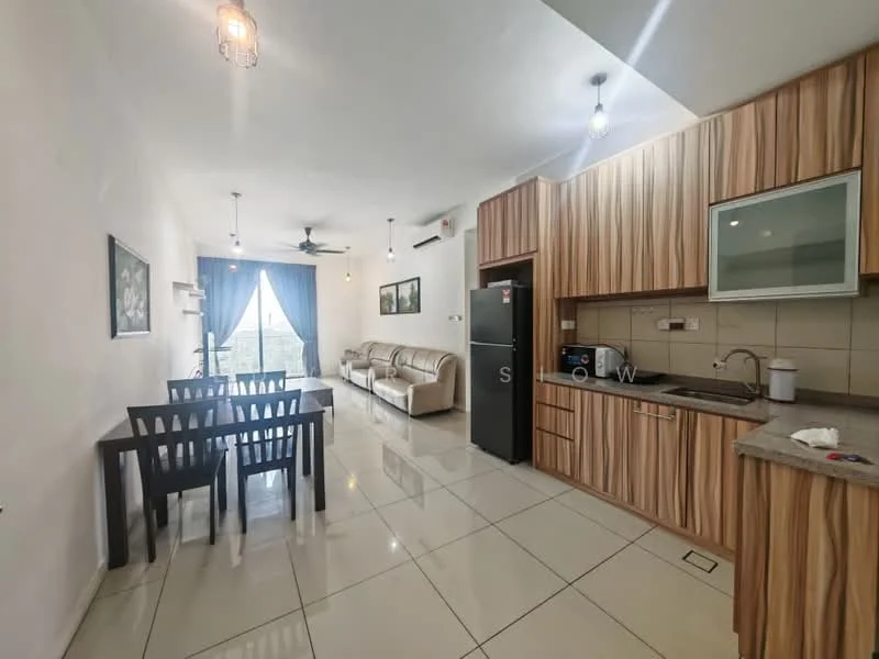 Living features: cream painted walls, white ceiling, 5-blade ceiling fan with light, floor-to-ceiling windows, sliding glass door, grey tiled flooring, sofa in beige, coffee table, dining table for 4, black dining chairs, built-in kitchen cabinetry, stainless-steel fridge, microwave, kitchen countertop with grey surface; style: modern; view: garden.