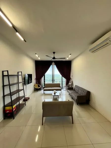 Living features: cream painted walls, white ceiling, recessed LED downlights, 5-blade ceiling fan, large floor-to-ceiling windows, dark red curtains, light-colored tiled flooring, 2-seater fabric sofa in beige, 3-seater fabric sofa in grey, coffee table, TV console, open shelving unit, decorative wall-mounted TV; style: modern; view: city.