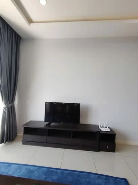 Living features: light grey painted walls, white ceiling with recessed lighting, floor-to-ceiling windows with sheer curtains, black TV console, wall-mounted TV, dark wood flooring, blue area rug, decorative items on console; style: modern.
