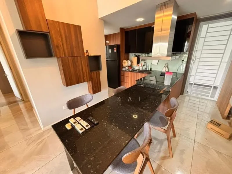 Kitchen features: black granite countertop, wood cabinetry with brown finish, stainless-steel range hood, built-in oven, fridge, 4-burner gas hob, single-bowl stainless-steel sink, chrome pull-down faucet, pendant lighting, dining table with black surface, upholstered dining chairs, tile flooring, open shelving, wall-mounted cabinets; style: modern.