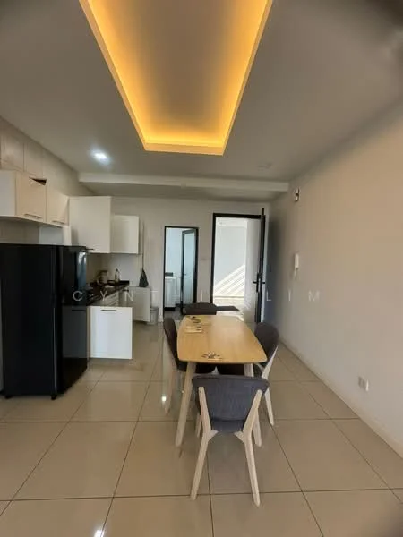 Dining features: rectangular dining table, 4 upholstered dining chairs, white cabinetry, black refrigerator, stainless-steel sink, kitchen countertop, tile flooring, recessed ceiling lights, sliding glass door, open layout to kitchen; style: modern.