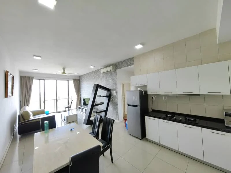 Living features: floor-to-ceiling windows, grey accent wall, white painted walls, ceramic tile flooring, 5-blade ceiling fan with light, sofa in light grey, glass coffee table, TV console, wall-mounted TV, dining table for 6, black dining chairs, stainless-steel fridge, black countertop, white cabinetry, built-in gas hob; style: modern; view: city.
