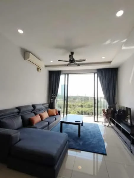 Living features: L-shape sectional sofa in dark grey, orange accent cushions, coffee table, wall-mounted TV, floor-to-ceiling windows, sliding glass door, curtains, 5-blade ceiling fan with light, recessed downlights, polished tile flooring, decorative wall, area rug in blue; style: modern; view: garden.