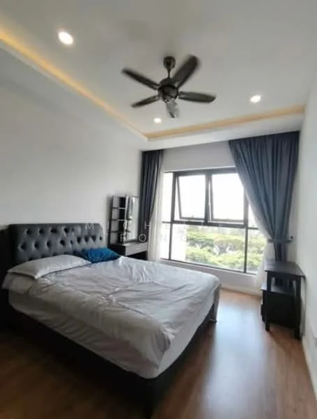 Bedroom features: king-size bed, upholstered headboard, bedside table, floor-to-ceiling window, curtains, ceiling fan with light, wooden flooring, decorative wall, mirror, natural light, view of greenery; style: modern; view: garden.