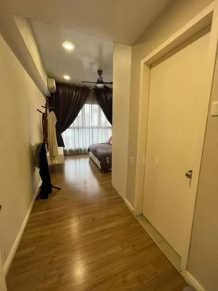 Hallway features: laminate flooring, white painted walls, ceiling fan, recessed downlights, floor-to-ceiling window with sheer curtains, door leading to another room, coat rack, decorative wall panel; style: modern.