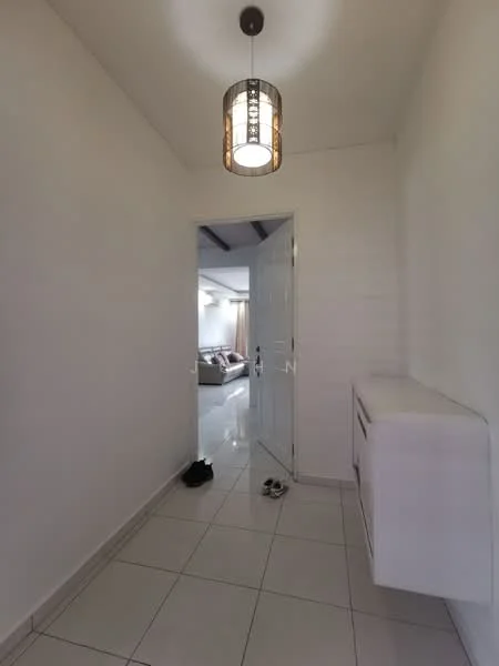 Room features: white painted walls, tile flooring, ceiling light fixture, main entrance door, shoe cabinet, door mat, sliding door to living area; style: modern.