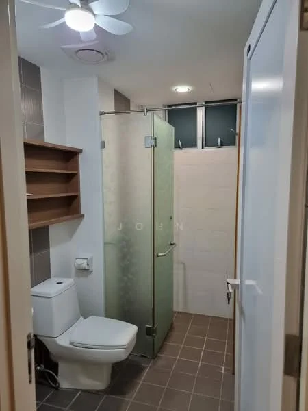 Bathroom features: one-piece toilet, glass shower enclosure, rain shower head, wall-mounted faucet, vanity shelf, grey tiled walls, light grey floor tiles, ceiling fan, recessed downlights, window for natural light; style: modern.