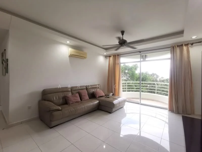 Living features: 3-seater leather sofa in beige, 2 pink throw pillows, floor-to-ceiling sliding glass door, curtains in light beige, white painted walls, recessed downlights, ceiling fan, glossy white tile flooring, balcony view, air conditioning unit on wall; style: modern; view: garden.