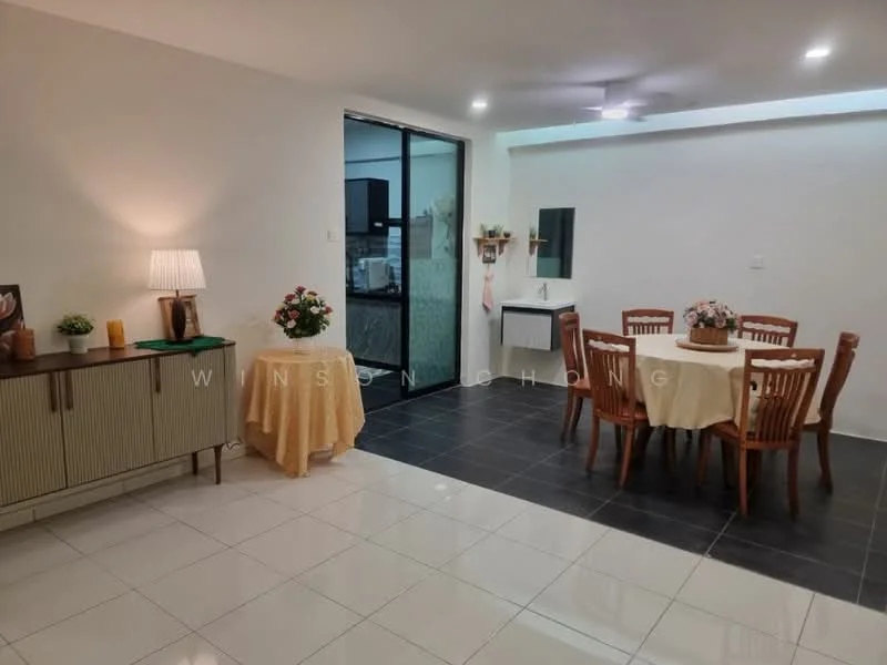 Dining features: round dining table, 4 wooden dining chairs, tablecloth, ceiling fan, wall-mounted TV, sideboard with storage, lampshade, decorative flowers in vase; style: modern. Living features: white painted walls, black tiled flooring, large window, natural light, decorative wall art; style: modern.