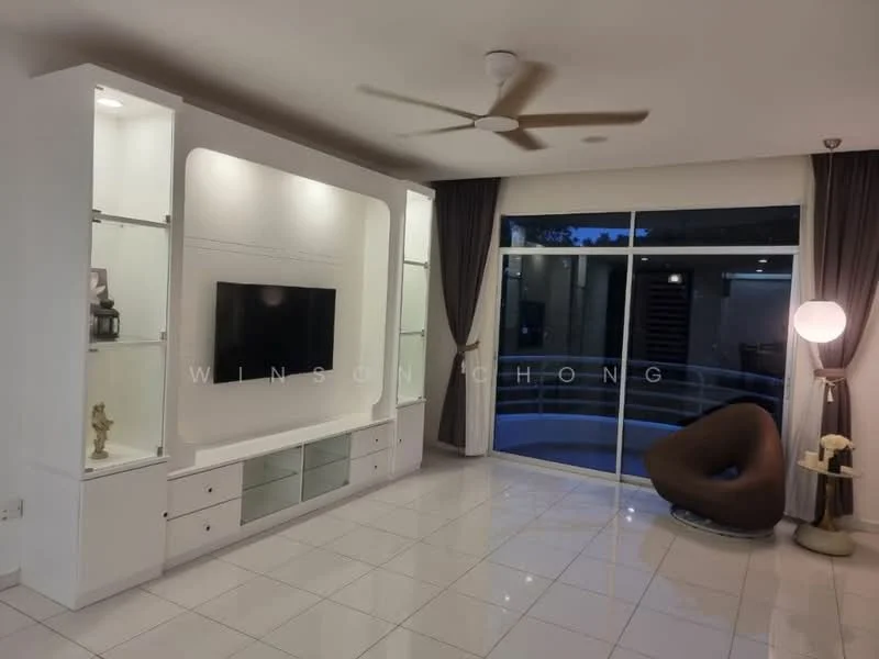 Living features: white built-in entertainment unit with shelves, wall-mounted TV, large sliding glass door, floor-to-ceiling windows, grey curtains, white tiled flooring, 5-blade ceiling fan, decorative floor lamp, curved brown accent chair, decorative sculpture on shelf, modern wall decor; style: modern; view: garden.