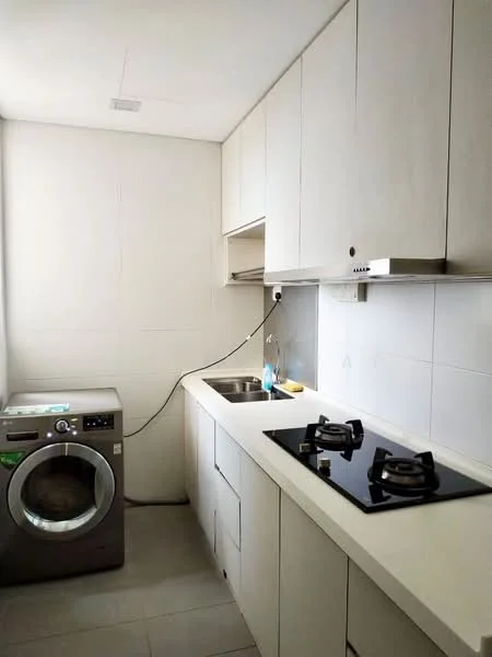Kitchen features: white cabinetry, stainless-steel sink, 2-burner gas hob, built-in oven, grey washing machine, white countertop, light grey tiled flooring, white tiled walls, exhaust hood, under-cabinet lighting; style: modern.