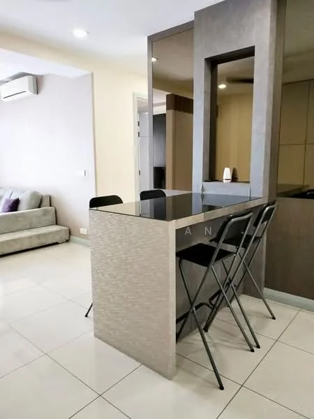 Room features: black countertop, stainless-steel bar stools, light-colored walls, tile flooring, wall-mounted air conditioning unit, open layout, decorative mirror, grey cabinetry; style: modern.