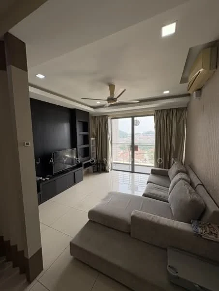 Living features: L-shape sectional sofa in light grey, wall-mounted TV, TV console in black, floor-to-ceiling sliding glass door, curtains in light beige, ceiling fan with light, recessed downlights, cream painted walls, white tiled flooring, air conditioning unit; style: modern; view: city.