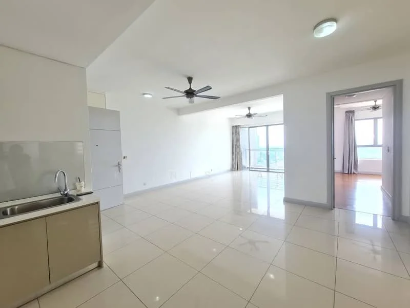 Living features: glossy tile flooring, white painted walls, recessed downlights, 2 ceiling fans, floor-to-ceiling windows, sliding glass door, curtains, open layout, kitchenette with sink, kitchen cabinetry in beige; style: modern; view: city. Room features: white painted walls, wood flooring, curtains.