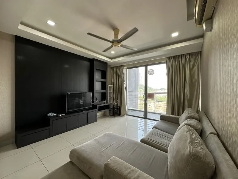 Living features: 3-seater fabric sofa in light grey, wall-mounted TV, black TV console, built-in shelving unit, floor-to-ceiling windows, sliding glass door, sheer curtains, recessed LED downlights, ceiling fan with light, cream painted walls, glossy white tile flooring; style: modern; view: garden.