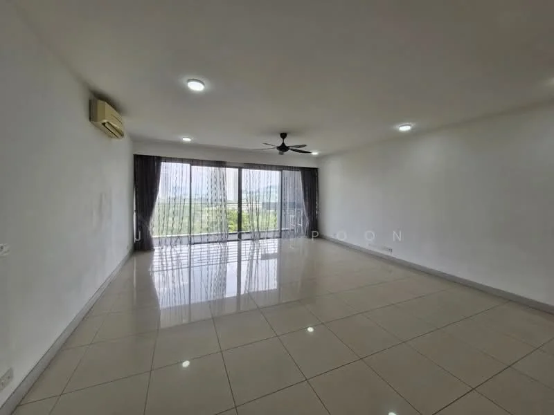 Living features: white painted walls, glossy ceramic tile flooring, 5-blade ceiling fan with light, floor-to-ceiling windows, sheer curtains, sliding glass door, natural light, mountain view; style: modern; view: mountain.