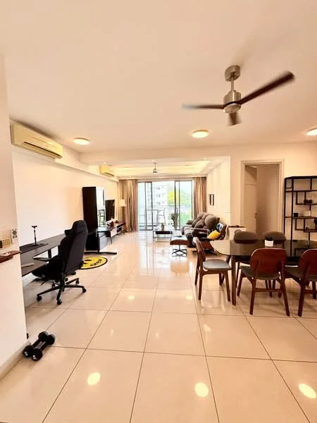 Living features: glossy tile flooring, 5-blade ceiling fan with light, floor-to-ceiling windows, sliding glass door, beige sofa, coffee table, TV console, wall-mounted TV, dining table with chairs, study desk with chair, decorative wall shelf, curtains, exercise dumbbell; style: modern; view: city.