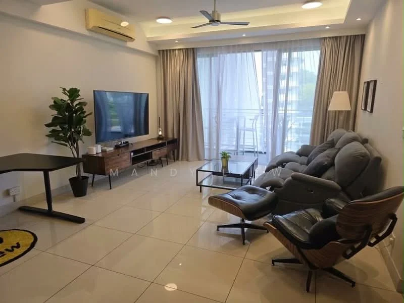 Living features: grey fabric sofa, wooden armchair, black coffee table, TV console, wall-mounted TV, floor-to-ceiling windows, curtains, recessed downlights, ceiling fan, air conditioning unit, decorative plant, light-colored walls, glossy tile flooring; style: modern.