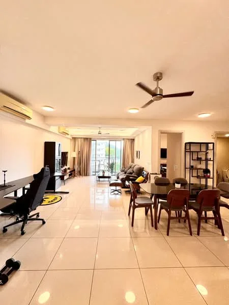 Living features: glossy ceramic tile flooring, white painted walls, recessed downlights, 5-blade ceiling fan, floor-to-ceiling windows, sliding glass door, curtains, sofa in grey fabric, coffee table, TV console, dining table with chairs, work desk, decorative wall shelf; style: modern; view: garden.