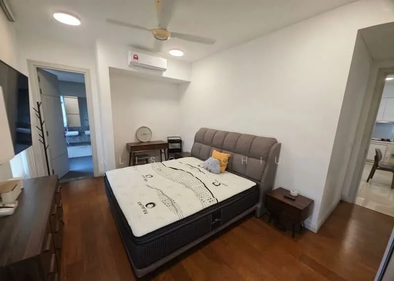 Bedroom features: king-size bed with upholstered headboard, wooden bedside table, wall-mounted TV, ceiling fan, 1 wall-mounted split AC, wooden flooring, white painted walls, decorative wall art, window with sheer curtains; style: modern.