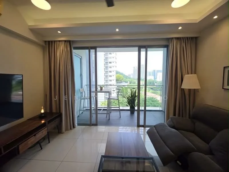 Living features: grey fabric sofa, wood coffee table, wall-mounted TV, floor-to-ceiling windows, sliding glass door, curtains, recessed ceiling lights, tile flooring, indoor plant, decorative lamp; style: modern; view: city.