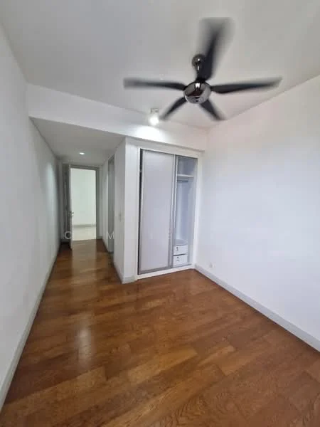 Room features: wooden flooring, white painted walls, ceiling fan, built-in wardrobe with sliding doors, recessed lighting, doorway leading to another room; style: modern.