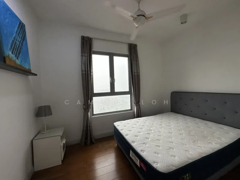 Bedroom features: queen-size bed, upholstered headboard, wooden flooring, floor-to-ceiling window, sheer curtains, ceiling fan, decorative wall art, nightstand, table lamp; style: modern; view: city.