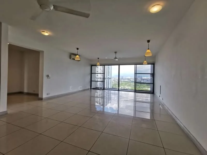 Living features: large floor-to-ceiling windows, white painted walls, polished ceramic tile flooring, 2 ceiling fans, 3 pendant lights, open layout, city view, recessed lighting; style: modern; view: city.