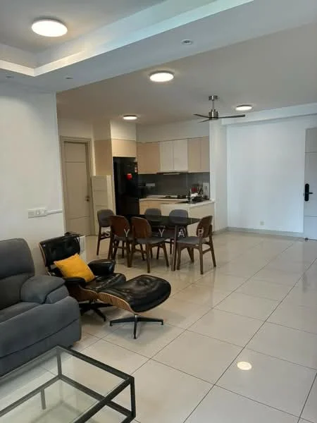 Living features: grey fabric sofa, black leather lounge chair, glass coffee table, dining table with 6 wooden chairs, kitchen island with seating, recessed ceiling lights, ceiling fan, white painted walls, large floor tiles, open-plan layout; style: modern. Kitchen features: white cabinetry, black refrigerator, built-in oven, stainless-steel sink, chrome pull-down faucet, marble countertop, tile backsplash; style: modern.