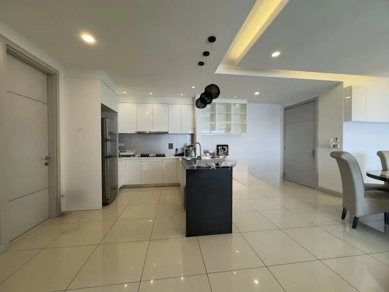 Kitchen features: white cabinetry, black kitchen island, stainless-steel fridge, built-in oven, 4-burner gas hob, marble countertop, pendant lighting, ceramic tile flooring, open shelving, recessed downlights; style: modern. Dining features: 6-seater dining table, upholstered dining chairs; style: modern.