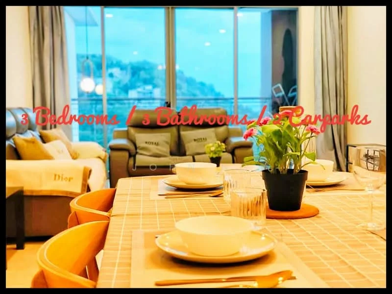 Dining features: round dining table, wooden dining chairs, table setting with plates and glasses, table runner, decorative plant in pot, large windows with city view, curtains, sofa in background; style: modern; view: city.