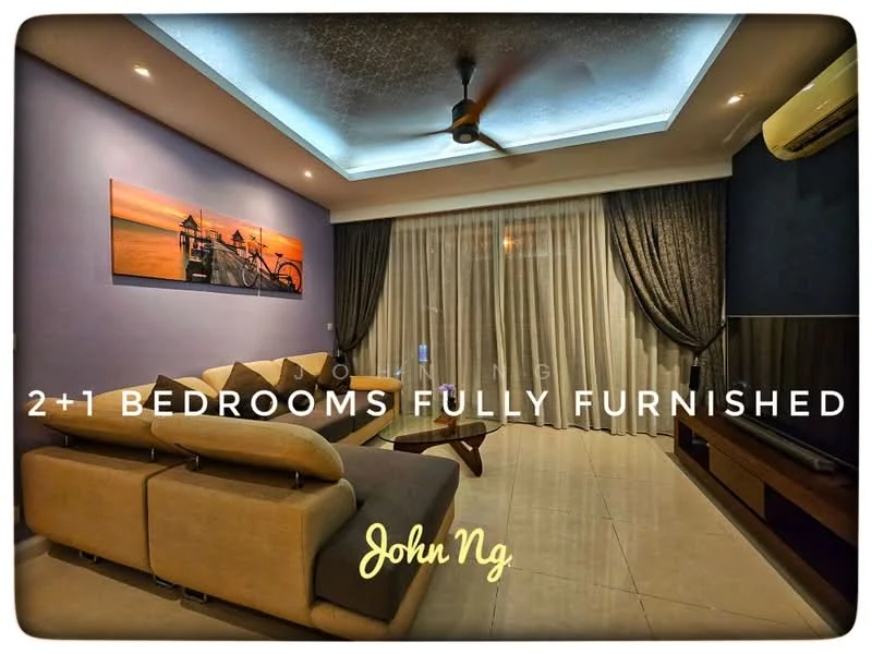 Living features: sofa in beige, coffee table, wall-mounted TV, TV console in dark wood, floor-to-ceiling windows with sheer curtains, dark curtains, recessed ceiling lights, ceiling fan, decorative wall art, light-colored tiled flooring, crown moulding, LED strip lighting around ceiling; style: modern.