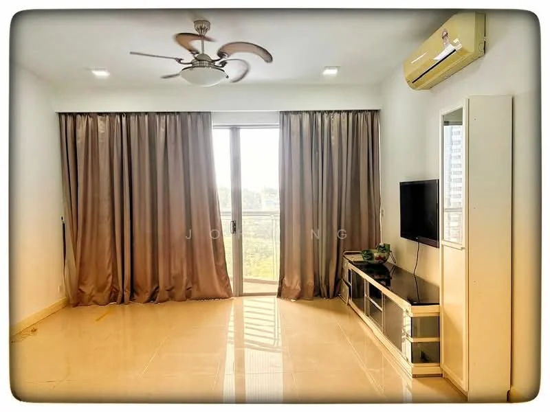 Living features: 5-blade ceiling fan with light, wall-mounted TV, white TV console, cream curtains, floor-to-ceiling windows, sliding glass door, glossy tile flooring, air conditioning unit, decorative wall, natural light from windows; style: modern; view: city.