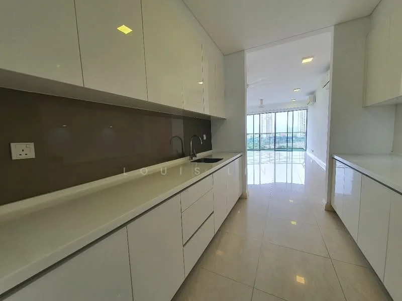 Kitchen features: white cabinetry, white countertop, single-bowl stainless-steel sink, chrome pull-down faucet, grey backsplash, built-in cabinets, recessed downlights, ceramic tile flooring, floor-to-ceiling windows, city view; style: modern; view: city.