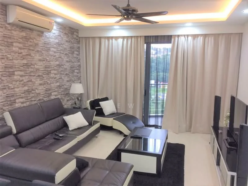 Living features: 3-seater leather sofa in black and white, recliner chair, coffee table with glass top, TV console, wall-mounted TV, area rug in black, stone accent wall, recessed LED downlights, ceiling fan, floor-to-ceiling windows with sheer curtains, balcony access; style: modern; view: garden.