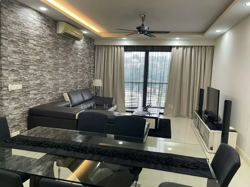 Living features: grey stone accent wall, white painted walls, polished tile flooring, 5-blade ceiling fan with light, sofa in dark grey, coffee table, TV console, wall-mounted TV, floor-to-ceiling windows with sheer curtains, black dining table with chairs, recessed lighting; style: modern; view: city.