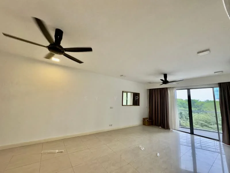 Living features: 2 ceiling fans, white painted walls, tile flooring, large sliding glass door, floor-to-ceiling windows, curtains, window with view, light fixtures; style: modern; view: garden.
