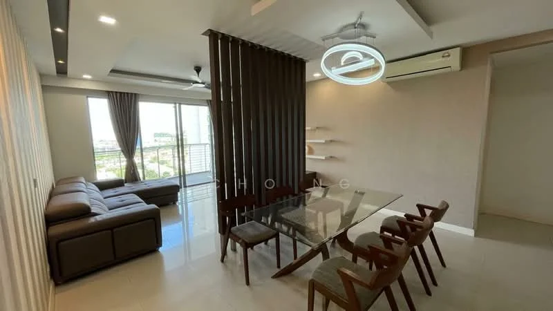 Living features: 3-seater leather sofa in brown, glass dining table with wooden legs, 4 wooden dining chairs, ceiling fan with light, recessed downlights, floor-to-ceiling windows, curtains, wall-mounted shelves, cream painted walls, white tiled flooring, decorative wall paneling; style: modern; view: city.