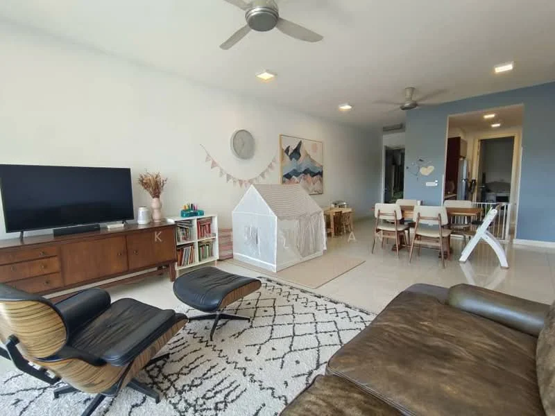 Living features: 3-seater leather sofa in brown, 2 armchairs with wooden legs, coffee table, TV console with flat-screen TV, area rug with geometric pattern, ceiling fan, recessed downlights, decorative wall art, wooden dining table with chairs, playhouse structure, wall-mounted decor, light-colored walls, tile flooring; style: modern.