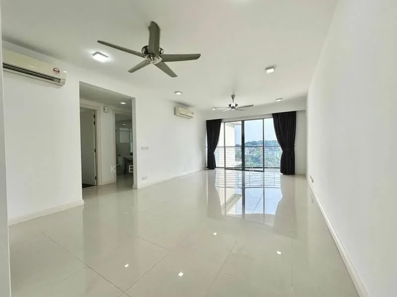 Living features: white painted walls, glossy tile flooring, 5-blade ceiling fan with light, 2 wall-mounted split AC units, floor-to-ceiling windows, sliding glass door, blackout curtains, recessed downlights; style: modern; view: city.